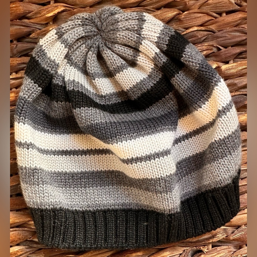 275. Kid’s Catya Black, Gray and White Striped Merino Wool Beanie Hat